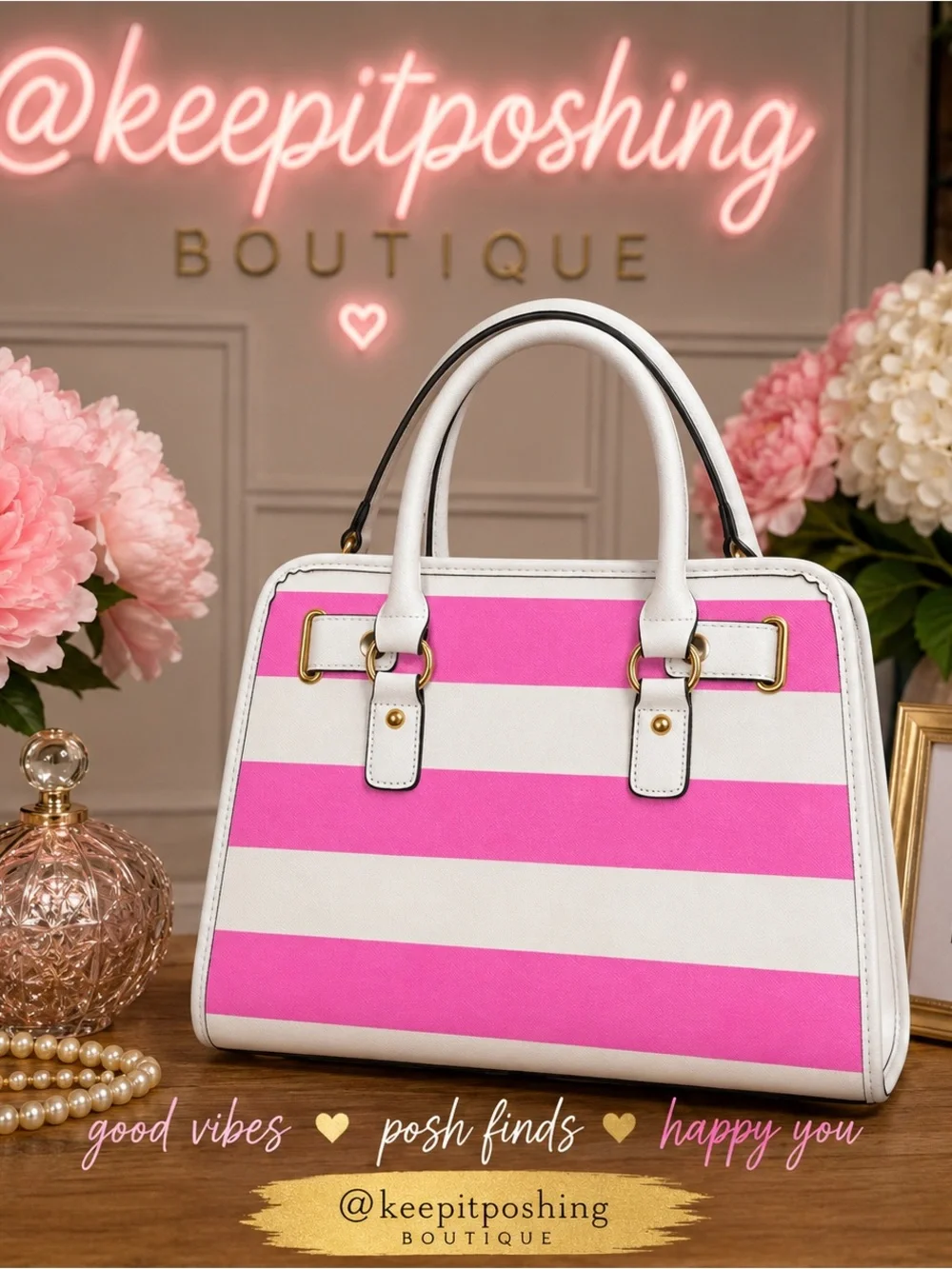 Striped Pink & White Top-Handle Satchel with Logo Charm